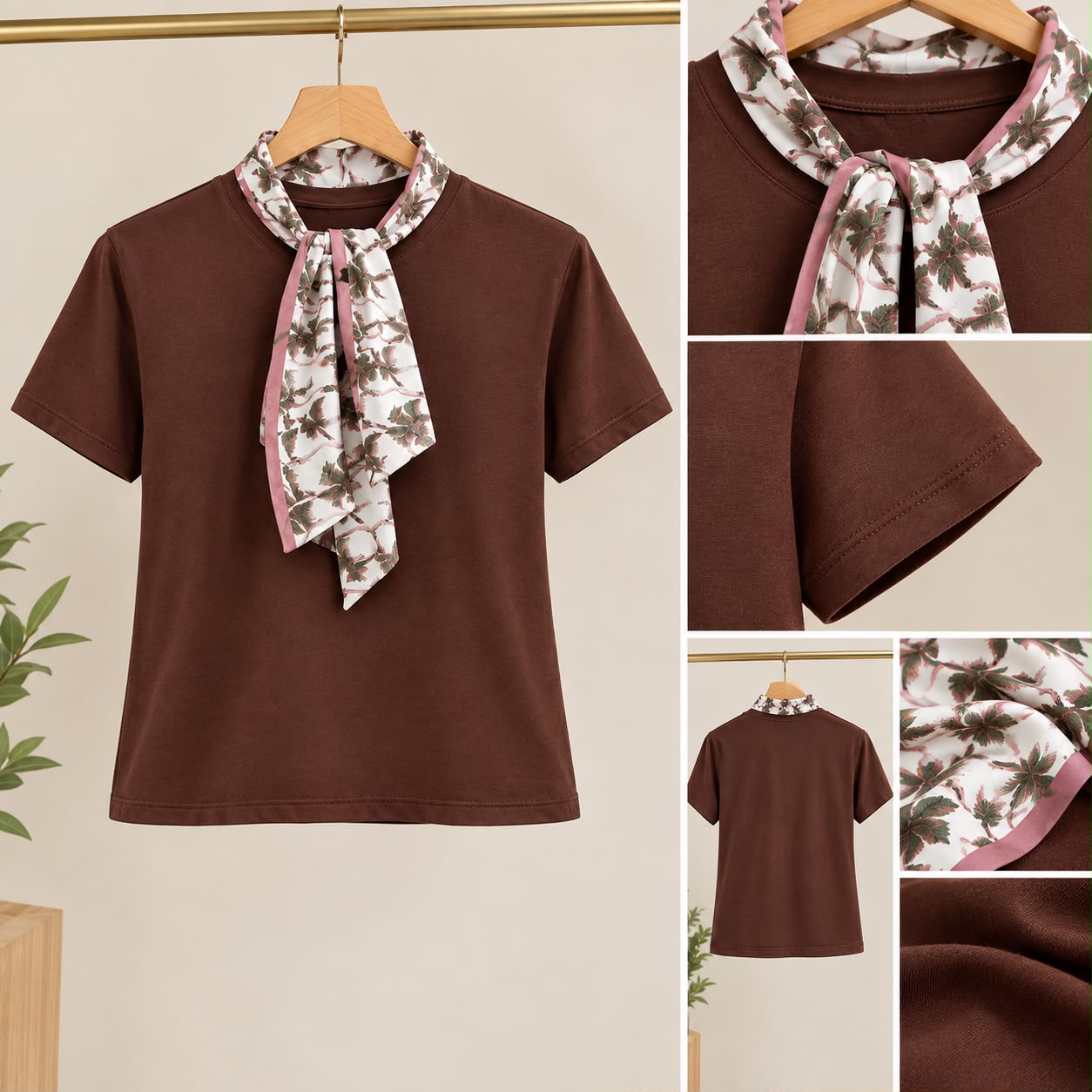 T-Shirt Feminina Marrom com Lenço Floral Estampado