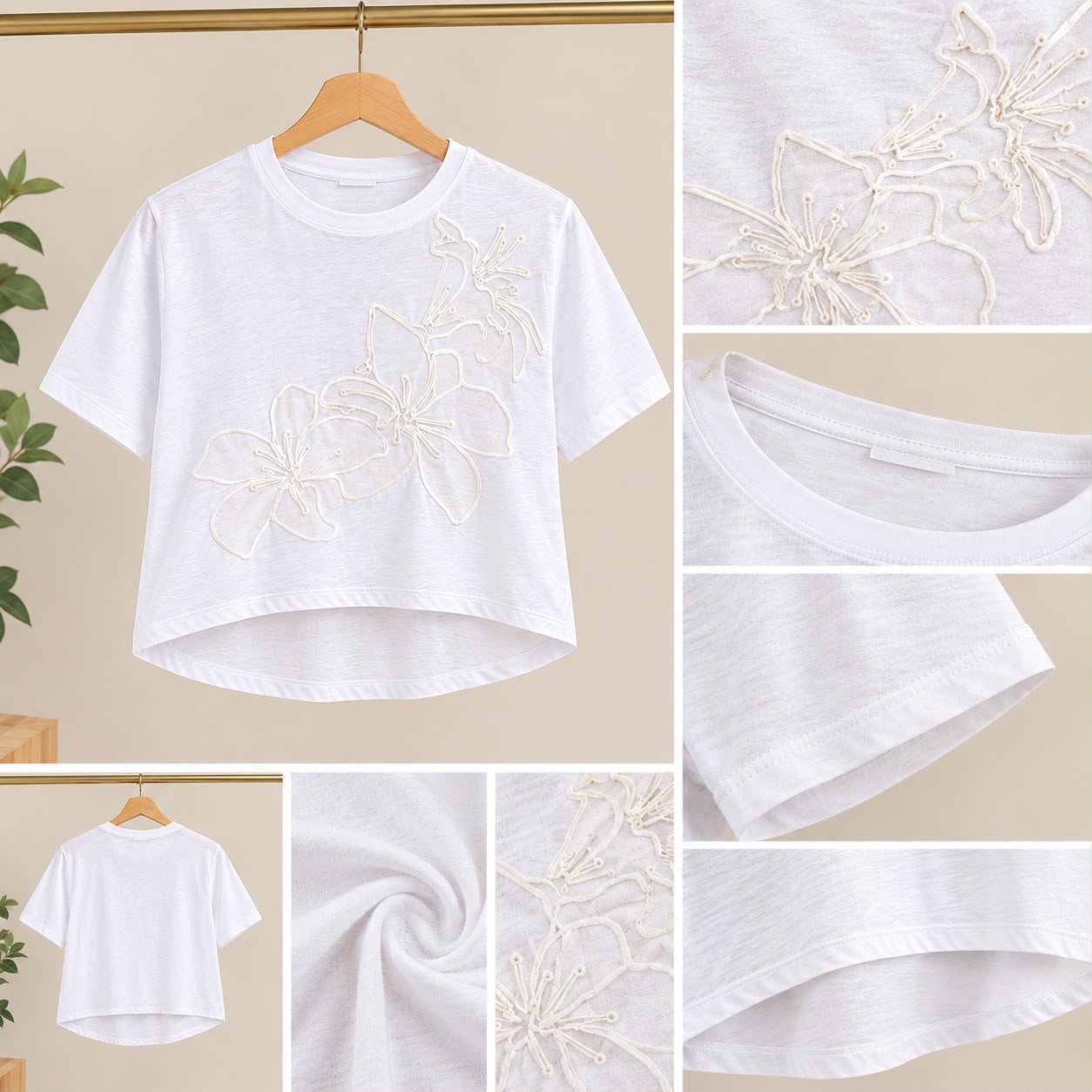 T-Shirt Feminina Branca com Bordado Floral em Relevo